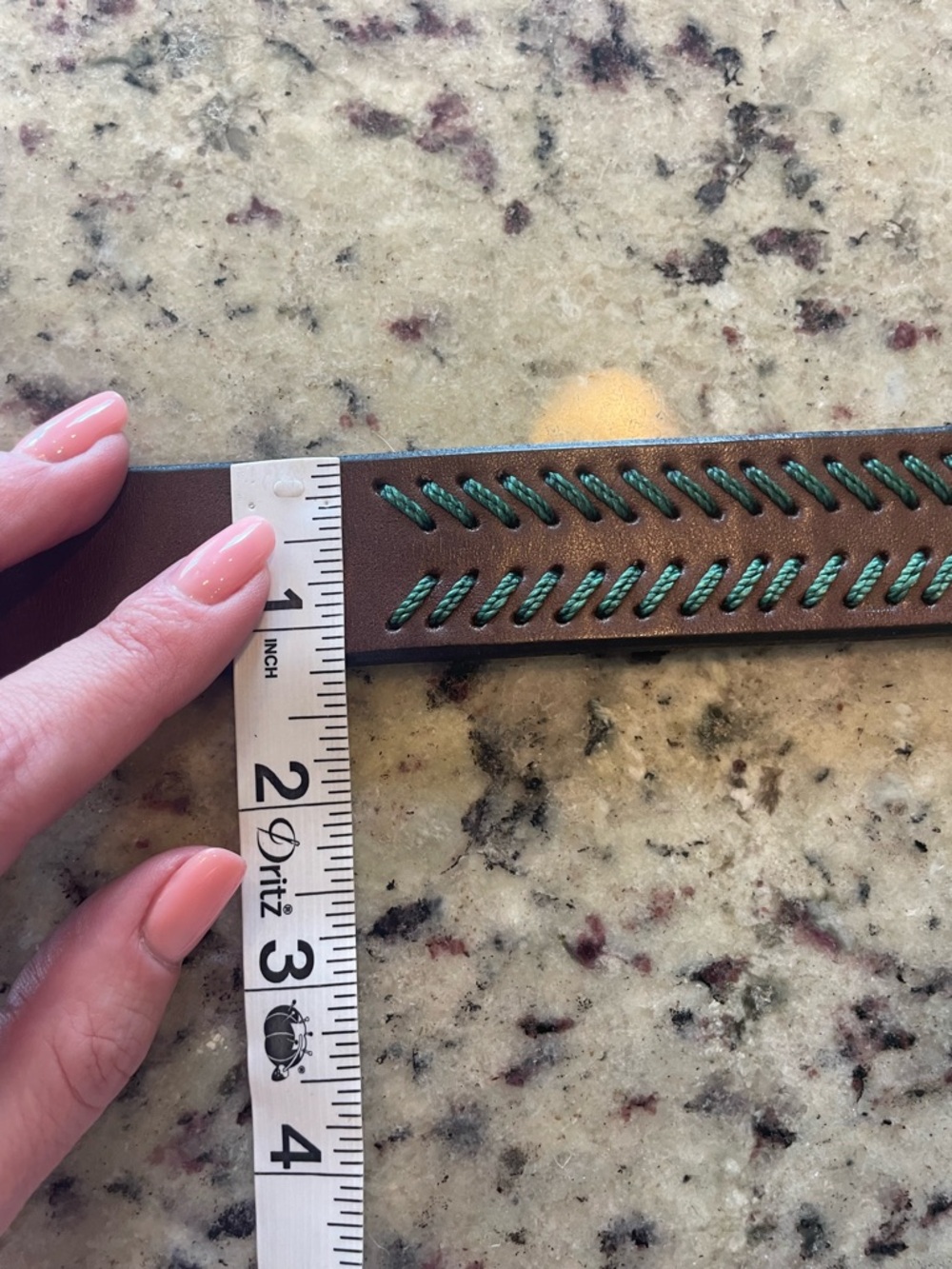 Brown Leather Belt with Green/blue Stitching and Decorative Conchos 32 - Picture 7 of 9